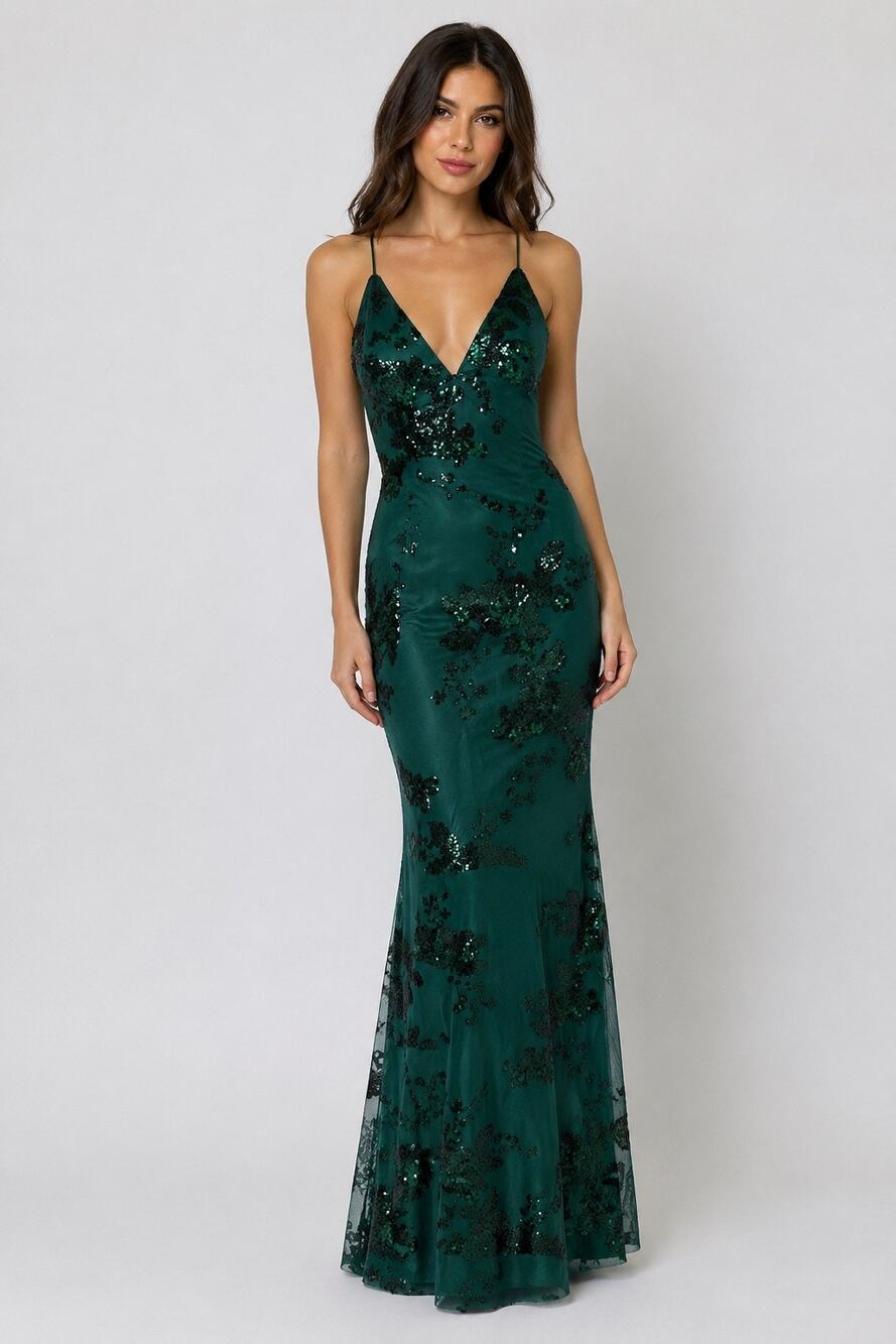 Lulus Photo Finish Forest Green Sequin Lace-Up Back Maxi Dress Sz S Formal Gown